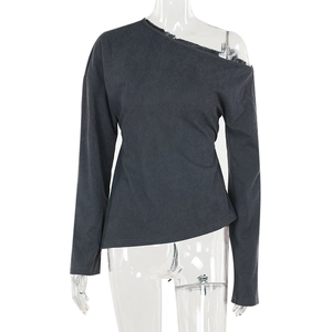 Detailed view of dark grey off-shoulder knitted top with asymmetrical neckline on mannequin
