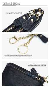 Detail of lychee textured leather coin purse with premium golden metal zipper and hardware