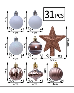 Detailed size specifications for 31-piece Christmas ball set in white and brown