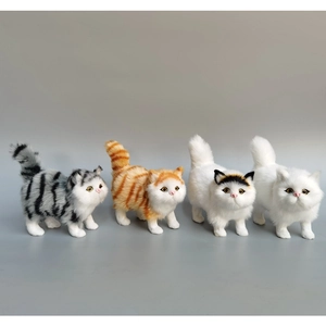 Detailed set of four realistic plush cats in grey tabby, orange tabby, and calico patterns