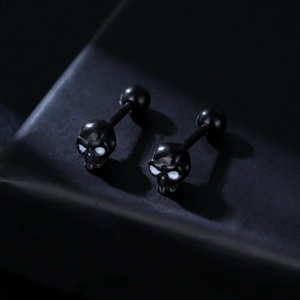 Gothic style black skull stud earrings made of high-quality stainless steel for men
