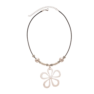 Chic silver hollow flower pendant necklace with black cord for a minimalist metal style