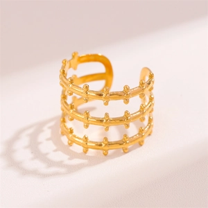 Minimalist 18k gold plated stainless steel triple-layer beaded open ring for women