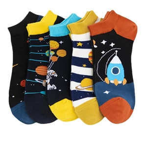 Five pairs of astronaut themed low-cut socks featuring rockets and planets on a white background