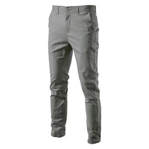 Detailed close-up of light grey slim fit men's casual trousers with premium cotton texture