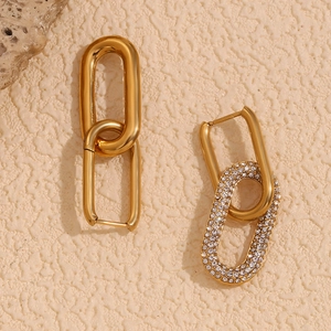 Luxurious 18K gold plated stainless steel double link hoop earrings with cubic zirconia stones