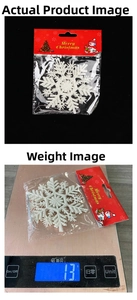 Nahaufnahme von weißem Glitzerschneeflocken-Ornament auf Waage mit 13 Gramm Gewicht