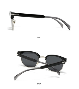 Detailed side and back views of classic black and silver square Clubmaster sunglasses