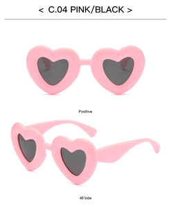 Front and 45-degree side views of pink heart-shaped polarized sunglasses with black lenses
