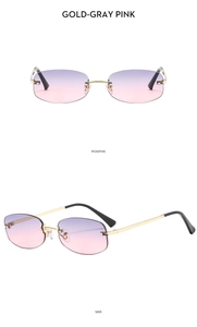 Front and side views of rimless gold-gray pink sunglasses with metal temples