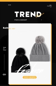 Detail view of jacquard knitted beanies featuring fluffy faux fur pom-poms and V-pattern weave