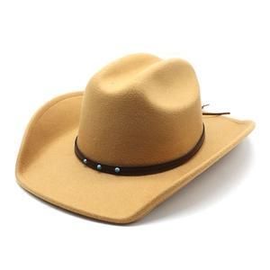 Close-up of khaki wool fedora with brown leather strap and turquoise stone detailing