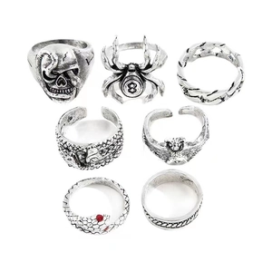 7-piece vintage gothic ring set with skull, spider and snake in antique silver finish
