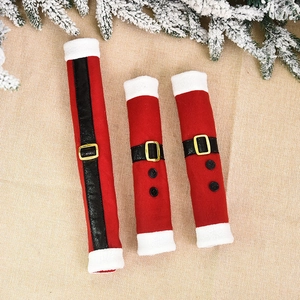 3-piece red Christmas refrigerator handle covers with belt buckle and white plush trim