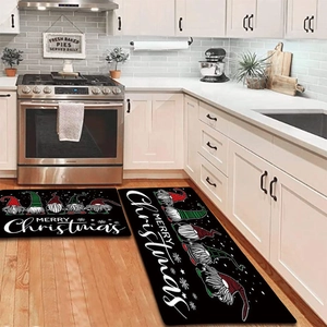 Detailed macro view of two-piece Christmas kitchen mat set with festive gnome patterns
