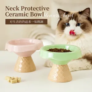 Ceramic Cat Bowl Ice Cream Cone Shape Elevated Pet Feeding Water Dish Neck Protection For Small Dogs Cats Anti-Tip