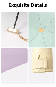 Detail shots of the sleek handle, durable stitching and compact strap of the mini umbrella