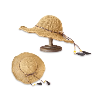 Women's khahi straw sun hat with leopard print ribbon and tassels in two viewing angles