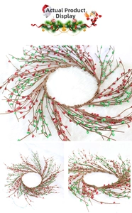 Detailed view of Christmas pip berry wreath with red green berries on brown rustic branches