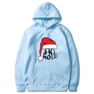 Hellblauer Weihnachts-Hoodie mit roter Weihnachtsmütze und HO HO HO Print für Damen und Herren