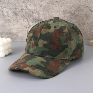 Camouflage corduroy baseball cap with a structured crown and curved brim for outdoor wear