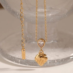 Gold stainless steel strawberry pendant necklace with sparkling clear droplet zircon stone