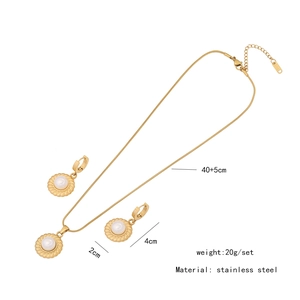 Detail showing dimensions of the gold stainless steel pearl necklace and earring jewelry set