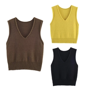 Gilet En Tricot Pour Femmes Col En V Débardeur Sans Manches Pull Couleur Unie Coupe Ajustée Décontracté Polyvalent