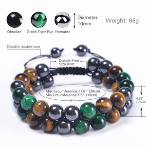 Bracciale a doppio strato con occhio di tigre verde 10mm e ossidiana, intrecciato