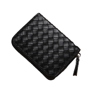 Elegant black woven leather card holder with large capacity and secure zip closure