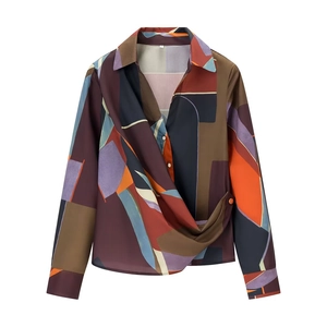 Geometric Print Long Sleeve Blouse Satin Texture Lapel Collar Front Crossover Draped Casual Fashion Shirt Women