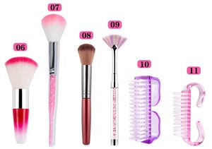 Flat lay of nail dust cleaners and makeup brushes set on white background
