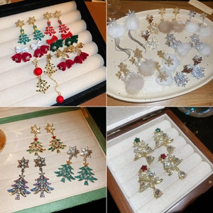 Christmas Tree Snowflake Elk Earrings Alloy Rhinestone Artificial Pearl With 925 Sterling Silver Earring Post Festive Holiday Jewelry