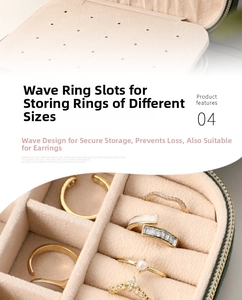 Detail view of wave-shaped velvet ring slots in dark green leather portable jewelry box