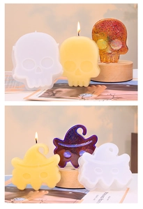 Detail showing skull and ghost silicone molds with finished resin crafts and candles