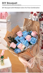Handheld DIY artificial bouquet featuring pink and blue building block roses with paper wrap