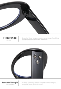 Detail of sturdy metal hinges and three silver star rivets on black glossy eyeglass temples