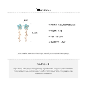 Detailed size and material guide for blue floral freshwater pearl tassel earrings