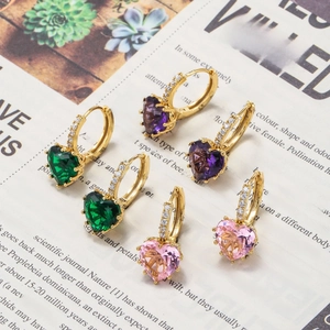Elegant 18K gold plated heart zircon earrings in green, purple and pink styles
