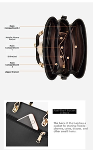 Three-layer interior structure with multiple pockets and back zipper pocket detail