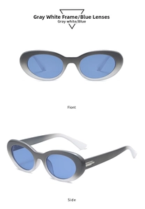 Front and side view of retro oval sunglasses in gradient grey white frames with blue lenses