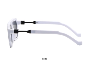 Detail view of white square sunglasses with black temples and sleek 0 degree side profile