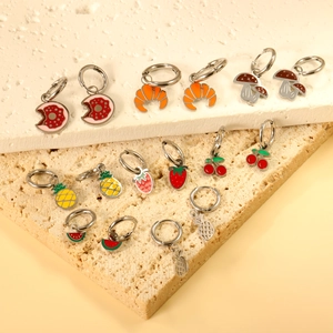 Cute stainless steel fruit earrings set featuring enamel strawberry and cherry charms