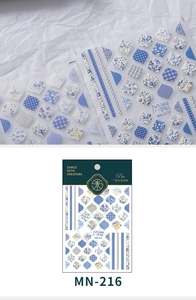 Detailed view of 5D thin nail stickers with blue floral patterns and polka dot designs