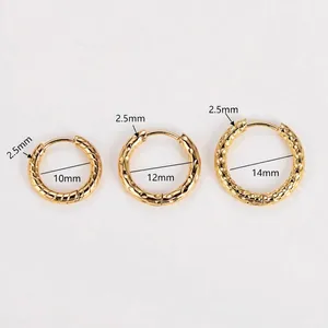 Size guide for gold hammered hoop earrings featuring 10mm, 12mm, and 14mm diameter options