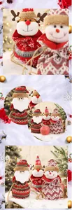 Close-up of knitted 3D Christmas drawstring gift bags with Santa, reindeer and snowman