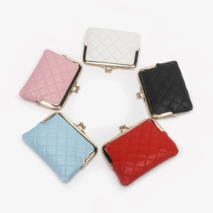 Quilted faux leather coin purses with gold kiss-lock in white, black, red, blue, and pink