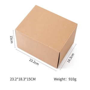 Corrugated brown box packaging with dimensions 23.2x18.3x15cm and 910g weight details