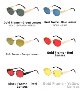 Detailed grid showing six retro oval metal sunglasses in diverse color tint options