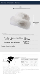 Detailed size chart for winter plush bucket hat showing dimensions and head measurements